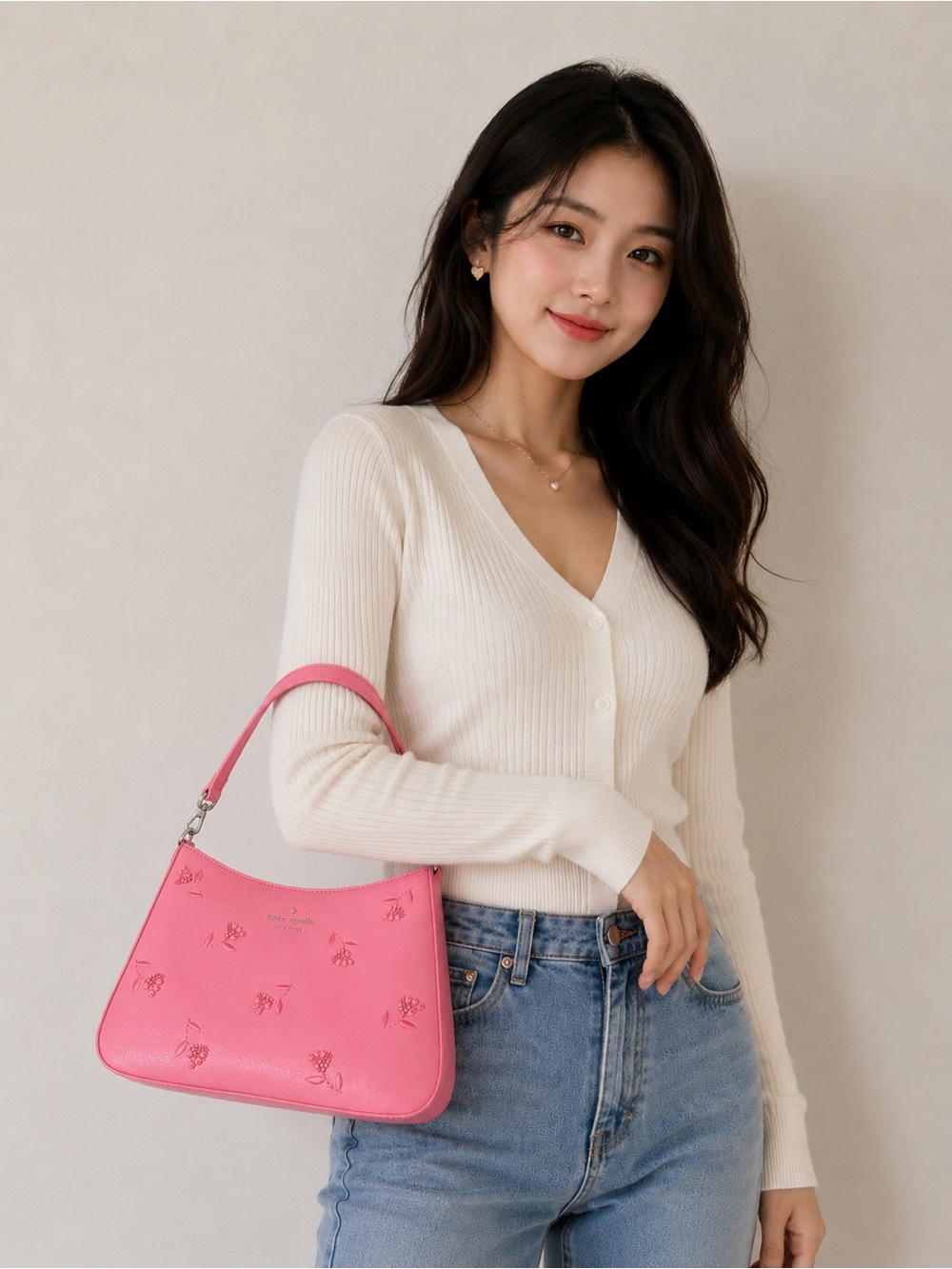 kate spade New Pink Embossed Floral Beaded Leather shoulder bag Crossbody strap - Picture 2 of 11